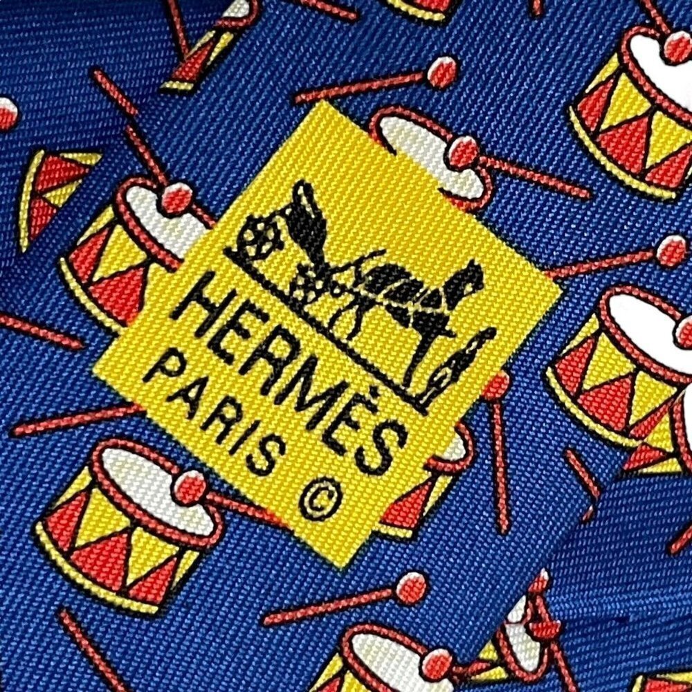 Hermes‎ Designer Silk Necktie Blue Novelty Print Snare Drums 7565 SA France - Picture 2 of 6